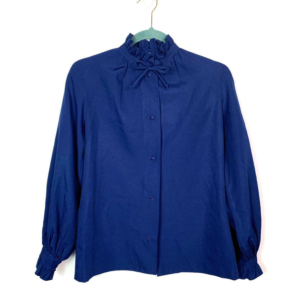70s Terry Chicago Colbalt Blue Button up Blouse, with neck tie, Size S